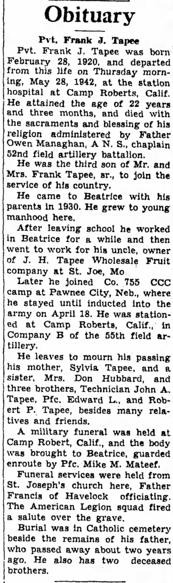 Obituary for Frank J. Tapee